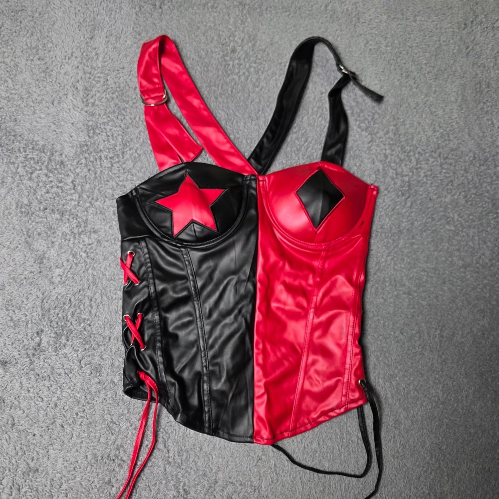 Spirit Halloween Women S Corset Top Red Black Harley Quinn Faux Leather Cosplay